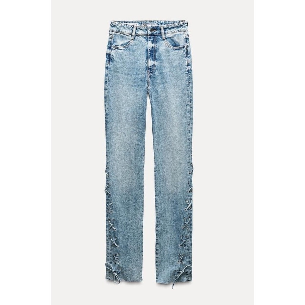ZARA Slim Flare Jeans Super High Rise Light Wash Lace Up Ankle 90s retro sz 6